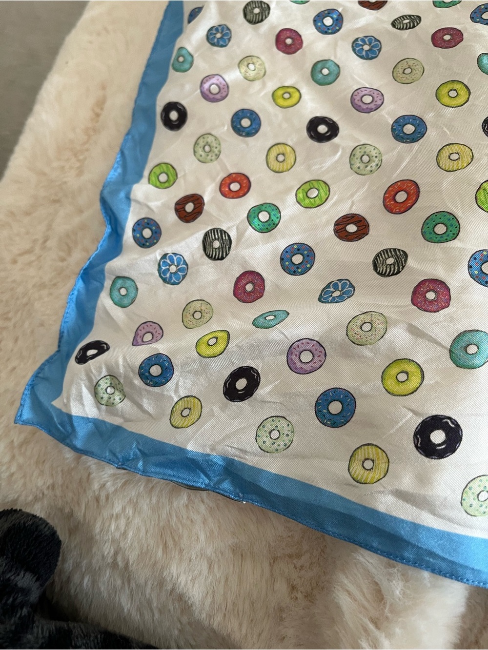 Italian  Silk Scarf with Colorful Donut Print - Blue Trim
